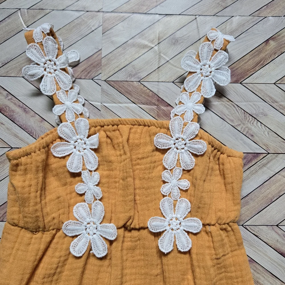 Mustard Yellow Baby Romper White Floral Crochet Detail Boho Summer Outfit 12-18M